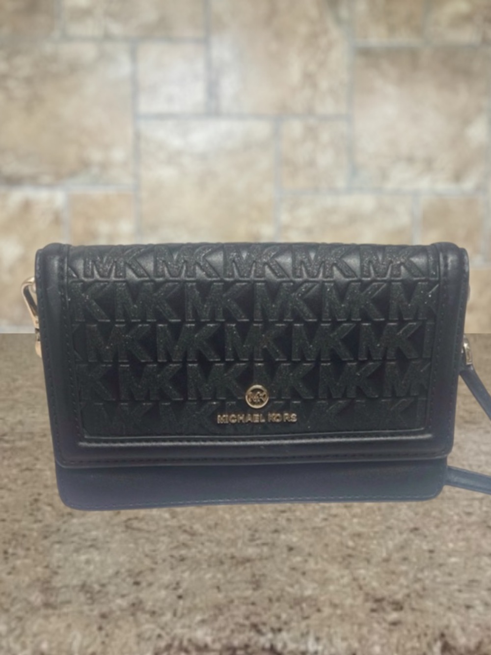 Michael Kors Charm Black Glitter Phone Wallet Crossbody
